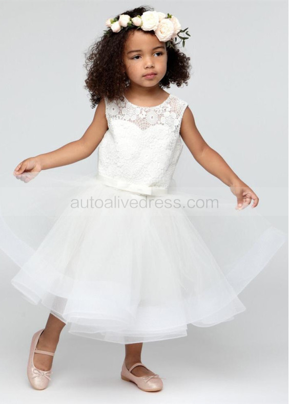 Ivory Lace Tulle Pearl Buttons Back Tea Length Flower Girl Dress